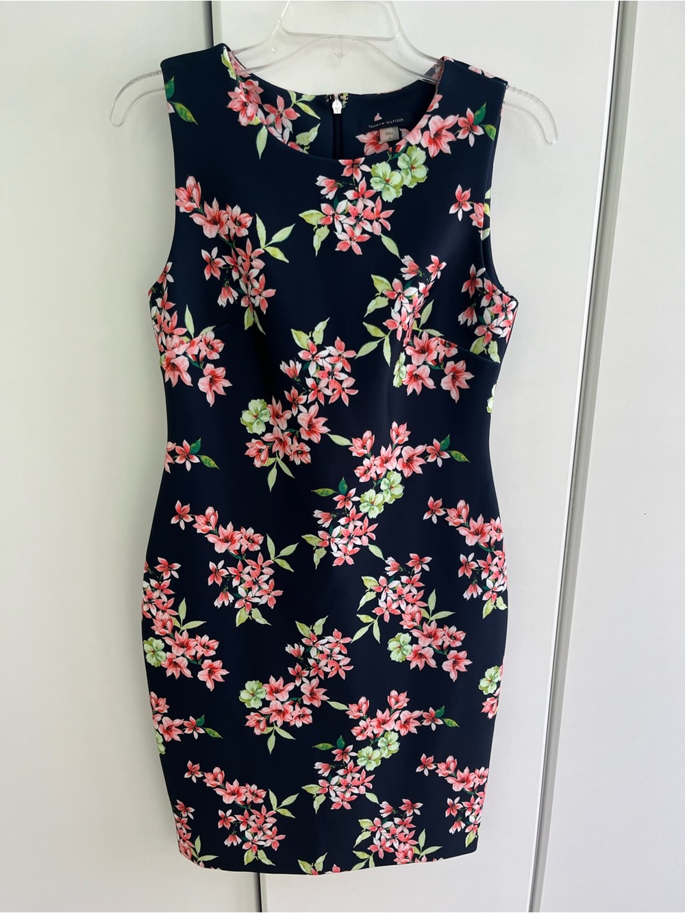 Tommy Hilfiger Sleeveless Navy Floral Sheath Scuba Dress - Pink & Green Blossom